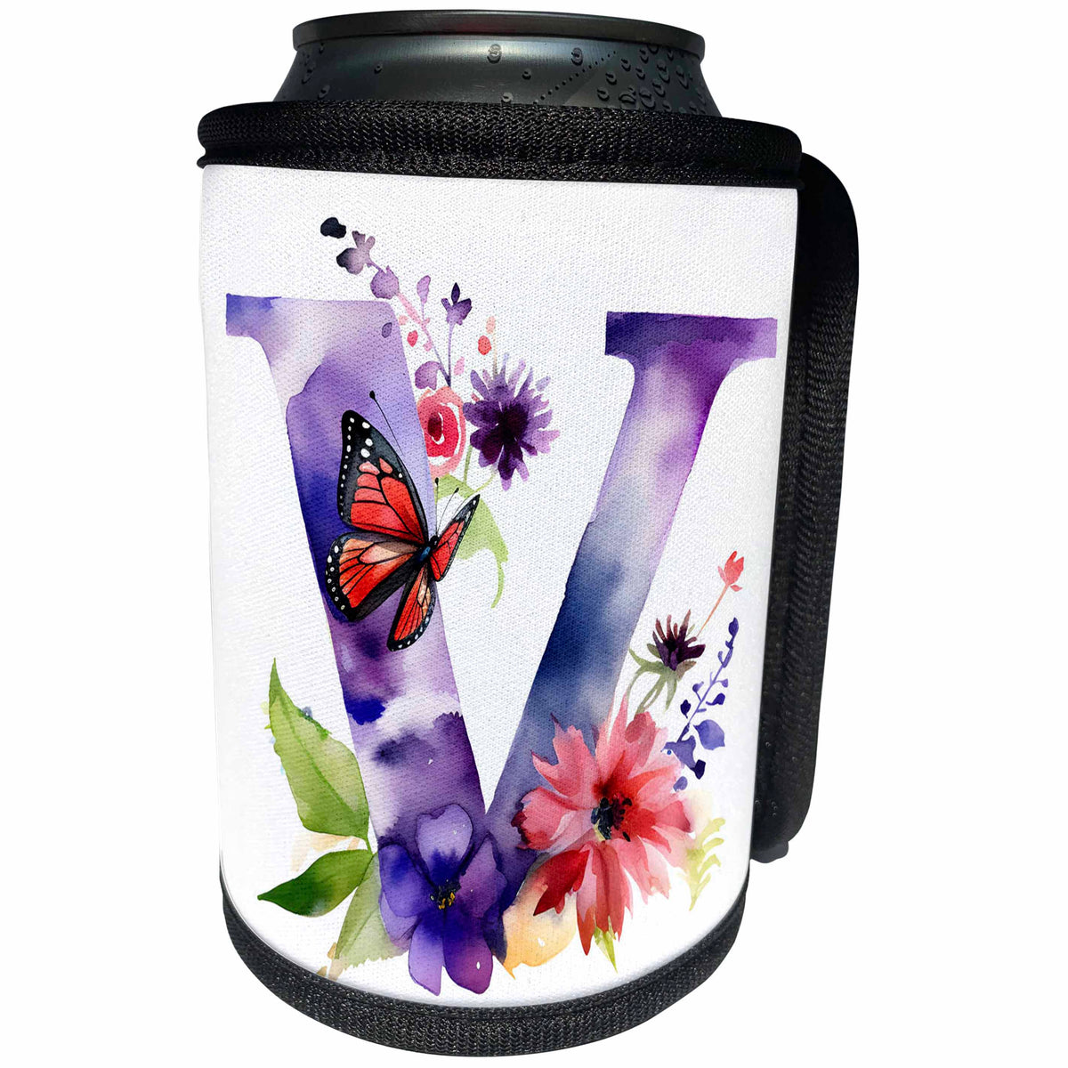 3dRose Pretty Floral Monogram Initial V - Can Cooler Bottle Wrap (cc-382439)