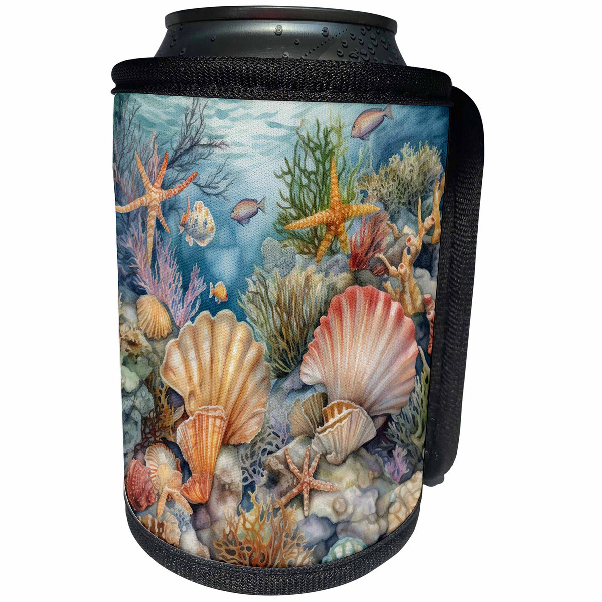 3dRose Under The Sea Sea Shells and Fish Background - Can Cooler Bottle Wrap (cc-382761)