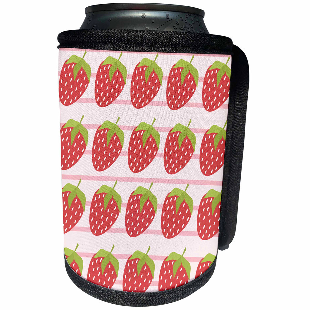 3dRose Cute Strawberries On Stripes Background - Can Cooler Bottle Wrap (cc-382806)