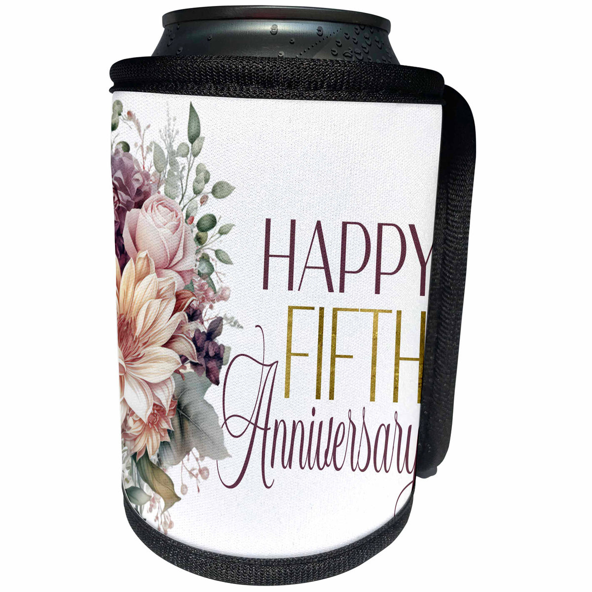 3dRose Elegant Floral Happy Fifth Anniversary - Can Cooler Bottle Wrap (cc-382978)