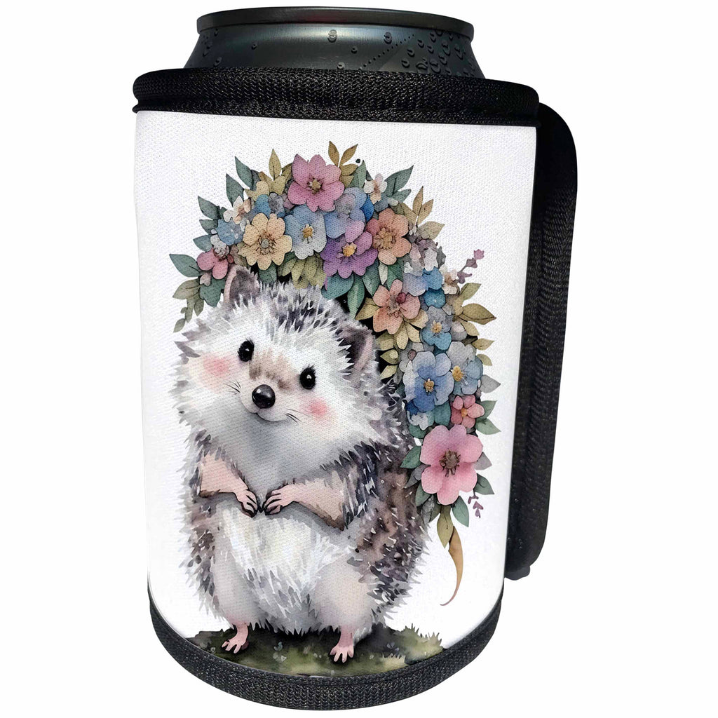 3dRose Cute Floral Hedgehog Illustration - Can Cooler Bottle Wrap (cc-383263)