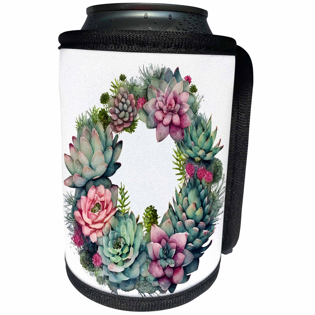 3dRose Pretty Cactus Succulent Wreath Illustration - Can Cooler Bottle Wrap (cc-383644)