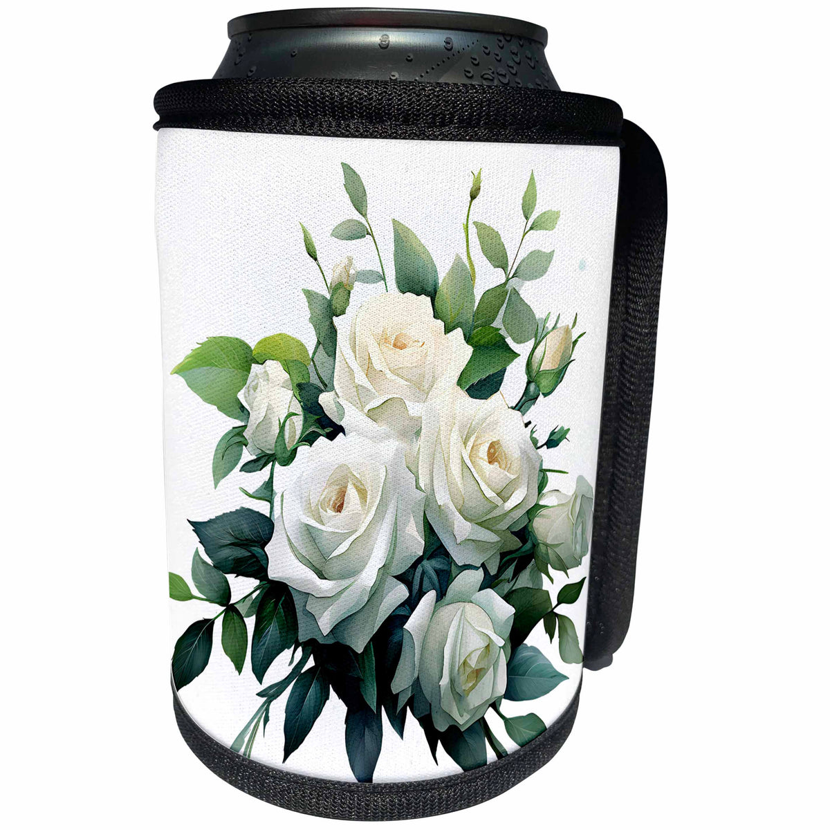 3dRose Pretty White Rose Flower Illustration - Can Cooler Bottle Wrap (cc-383651)