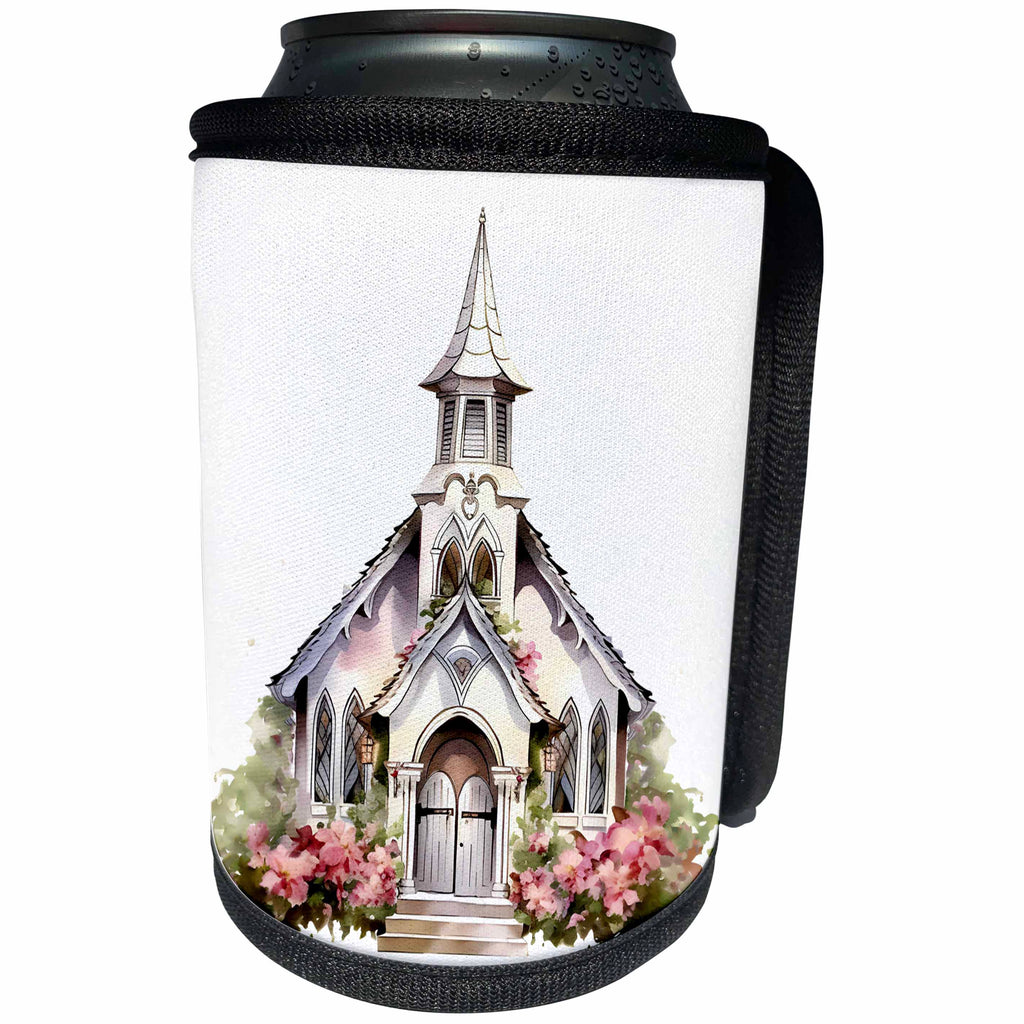 3dRose White Wedding Chapel Illustration - Can Cooler Bottle Wrap (cc-383669)