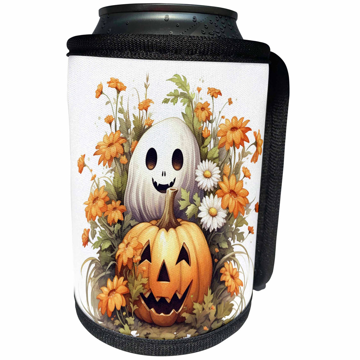 3dRose Fall Floral Jack O Lantern and Ghost Halloween... - Can Cooler Bottle Wrap (cc-384089)
