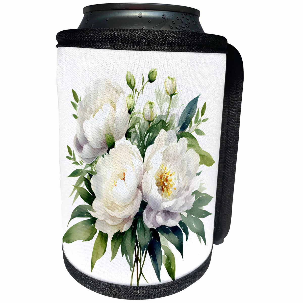 3dRose Pretty White Peony Flowers Illustration - Can Cooler Bottle Wrap (cc-384155)