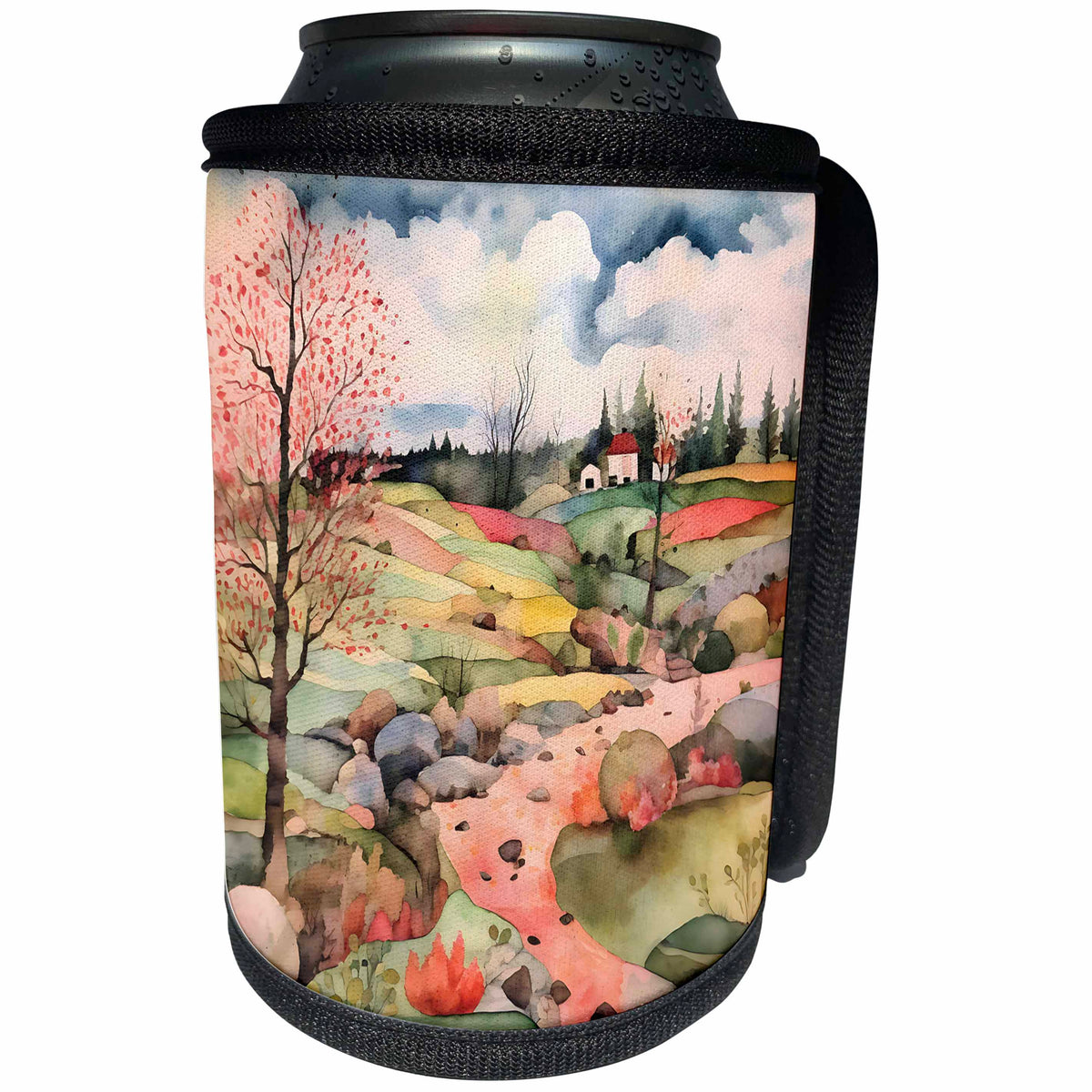 3dRose Pretty House In A Meadow Collage Background - Can Cooler Bottle Wrap (cc-384258)