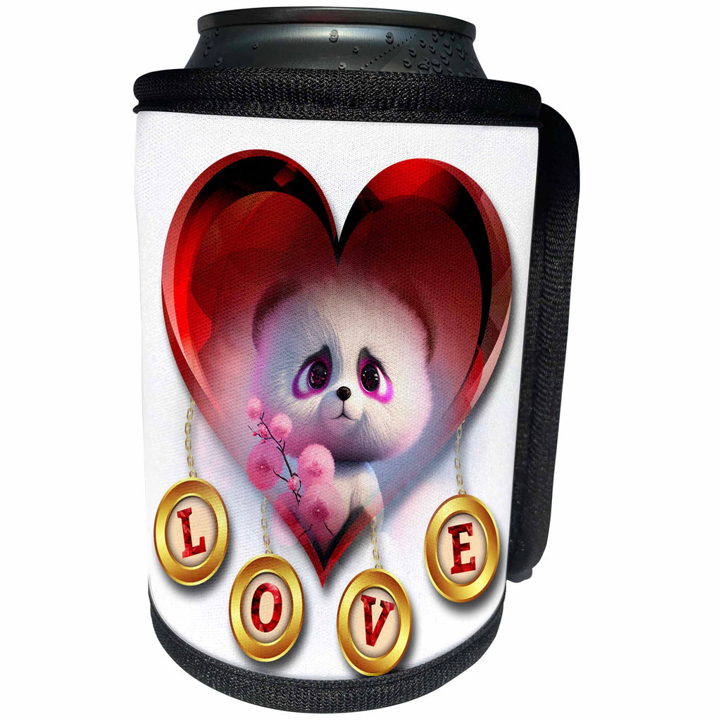 3dRose A sweet white cuddly bear with hearts - Can Cooler Bottle Wrap (cc-384396)