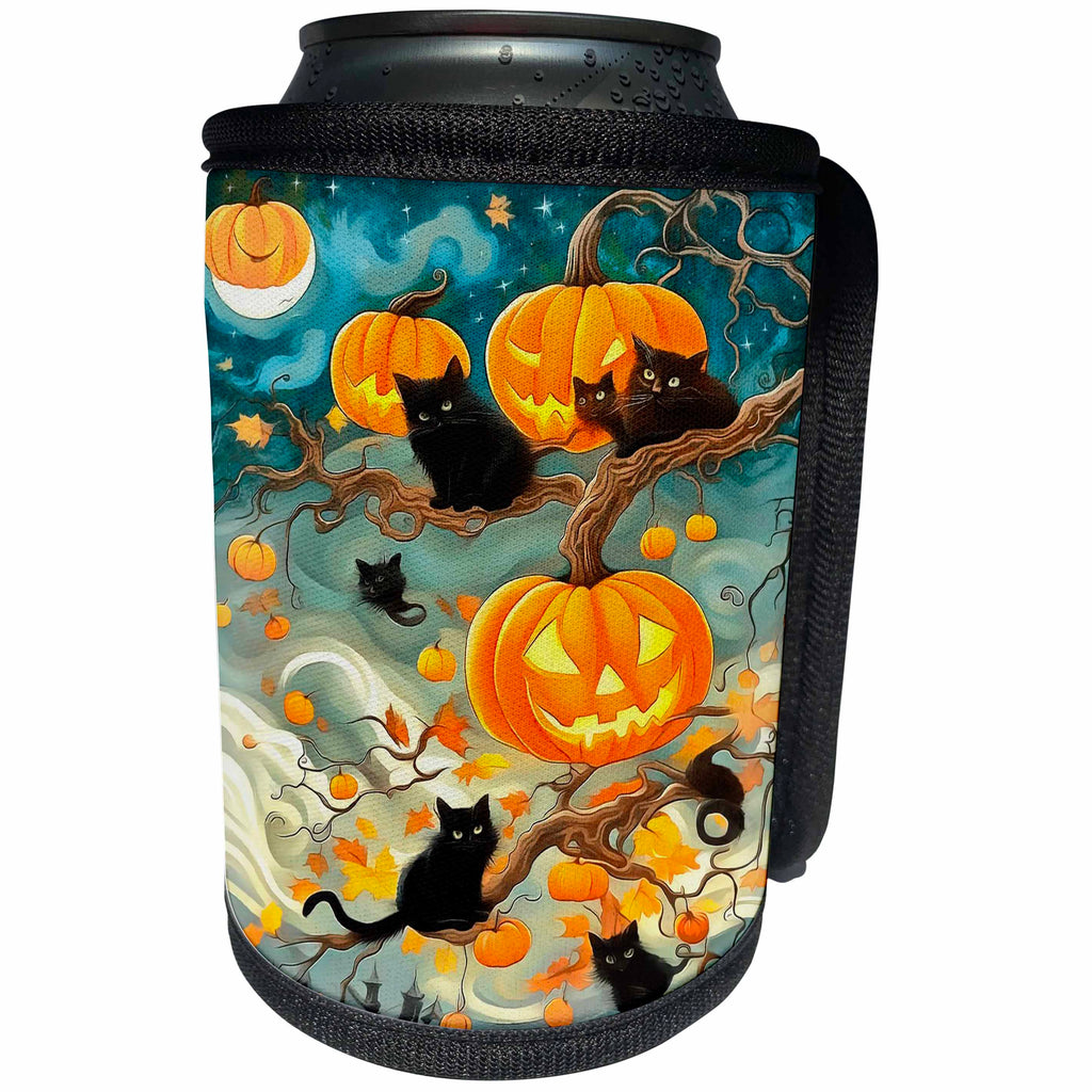 3dRose Halloween Preparation The Black Cat And Pumpkin Patch - Can Cooler Bottle Wrap (cc-385262)