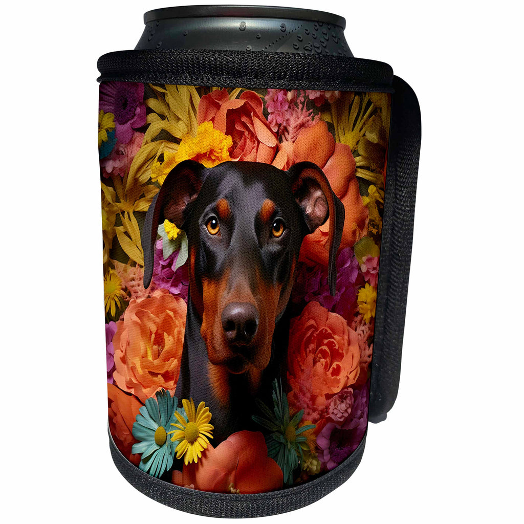 3dRose Dobermann with floral background - Can Cooler Bottle Wrap (cc-385298)