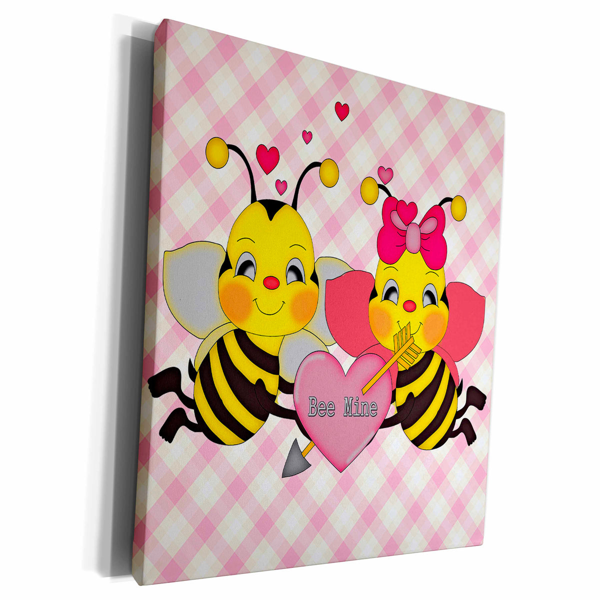 3dRose Cute Bee Mine Valentine Bees On Gingham Plaid... - Museum Grade Canvas Wrap (cw_102472)