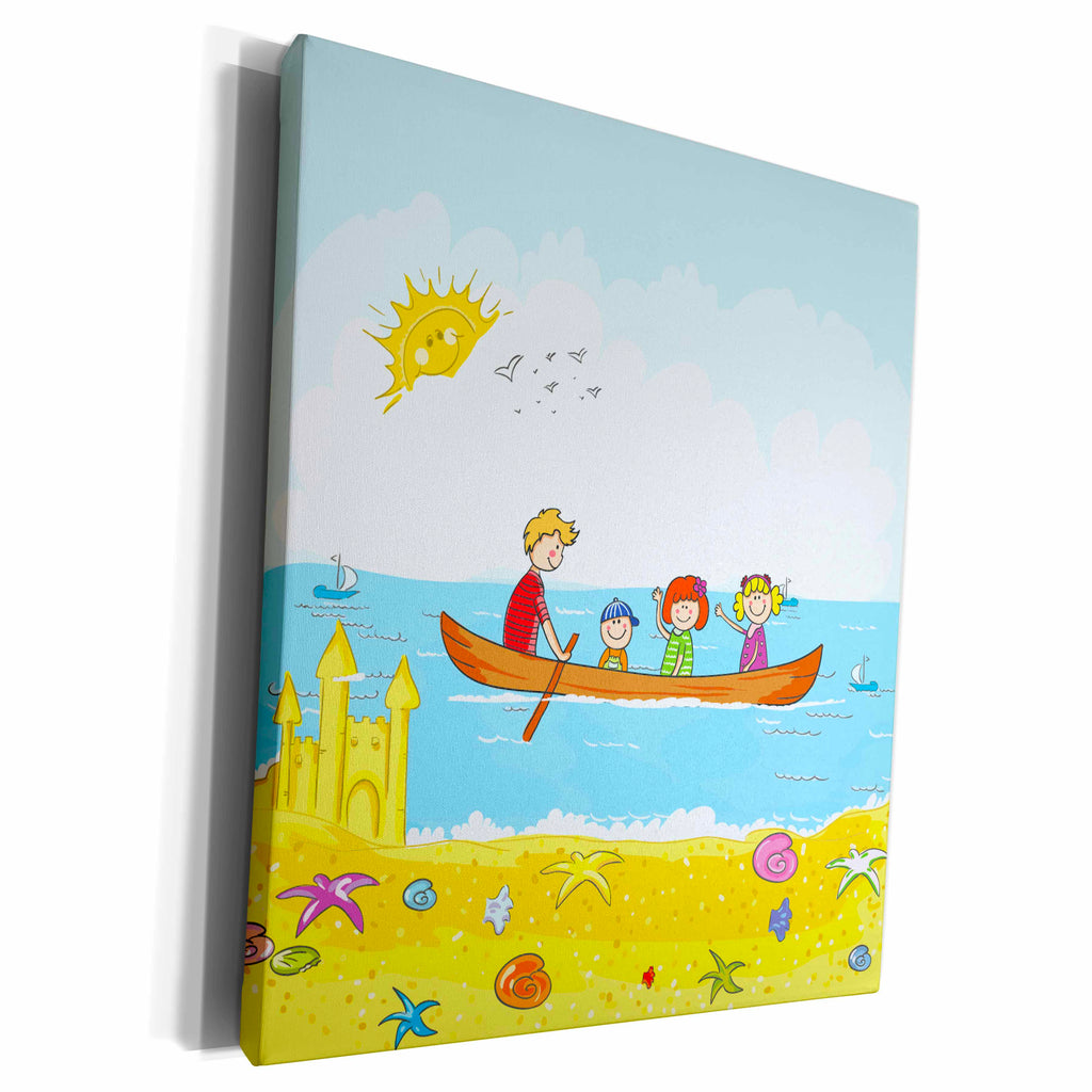 3dRose Cute Day At The Beach Kids In A Boat Vector... - Museum Grade Canvas Wrap (cw_104537)