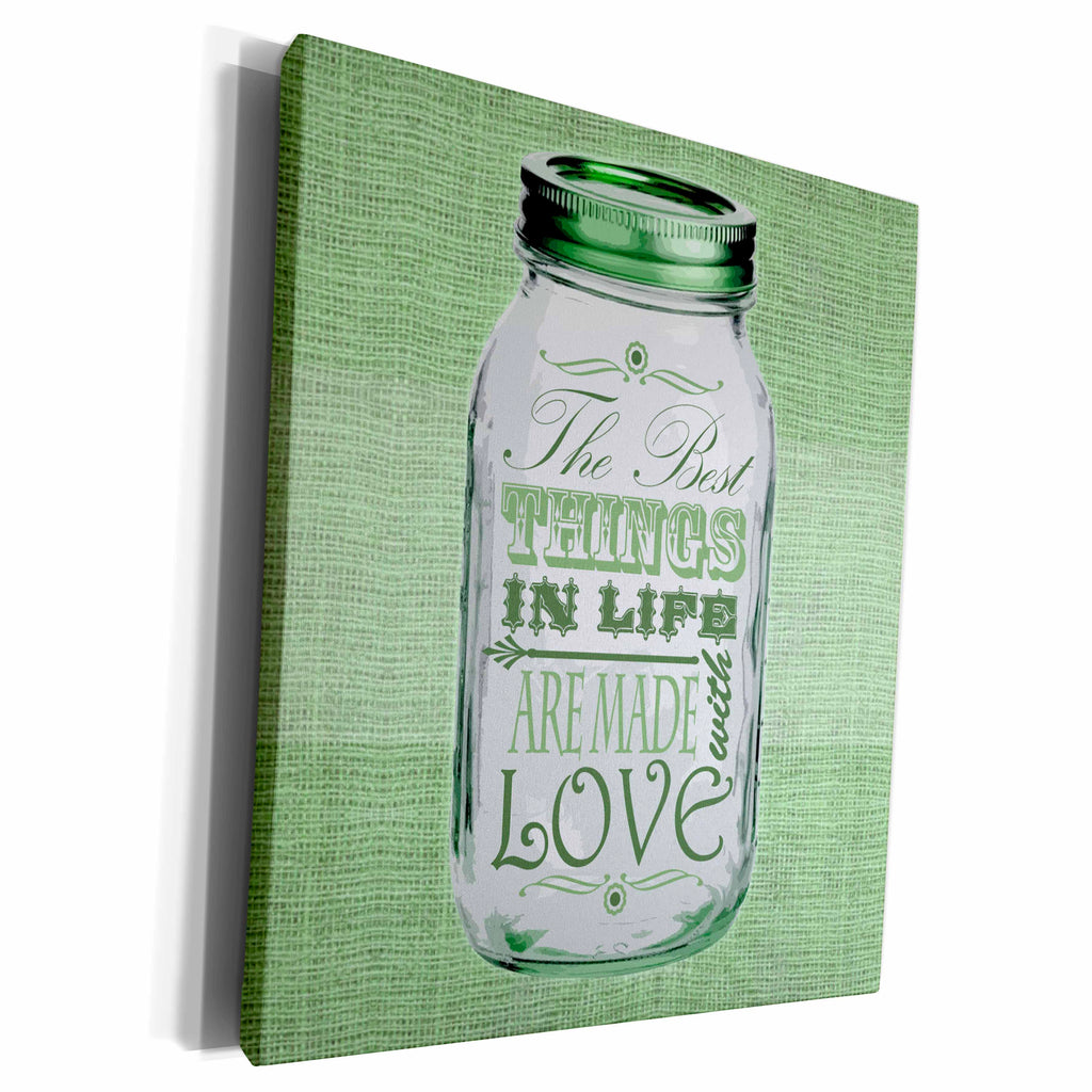 3dRose Mason Jar on Burlap Print Green - The Best Things in... - Museum Grade Canvas Wrap (cw_128511)