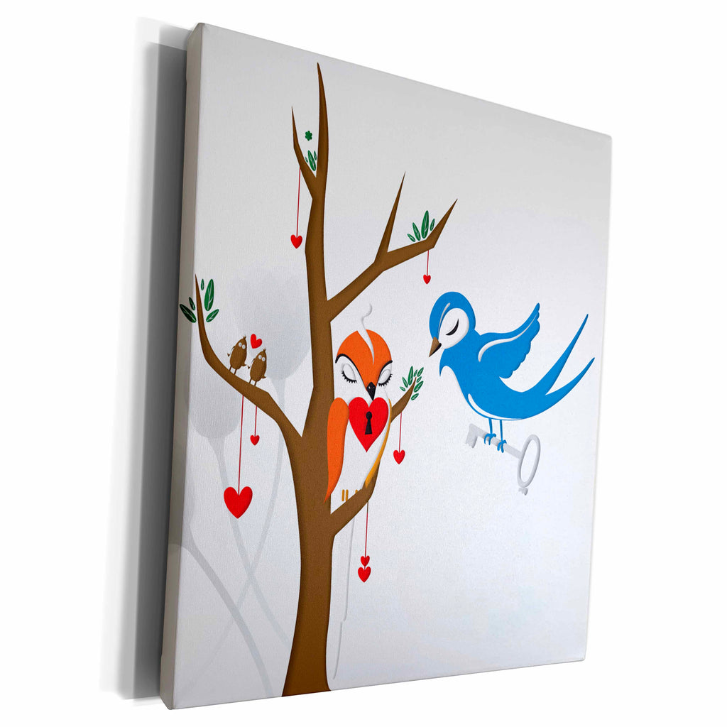 3dRose Two Cute Bird Illustrations On A Tree With A Heart... - Museum Grade Canvas Wrap (cw_152646)