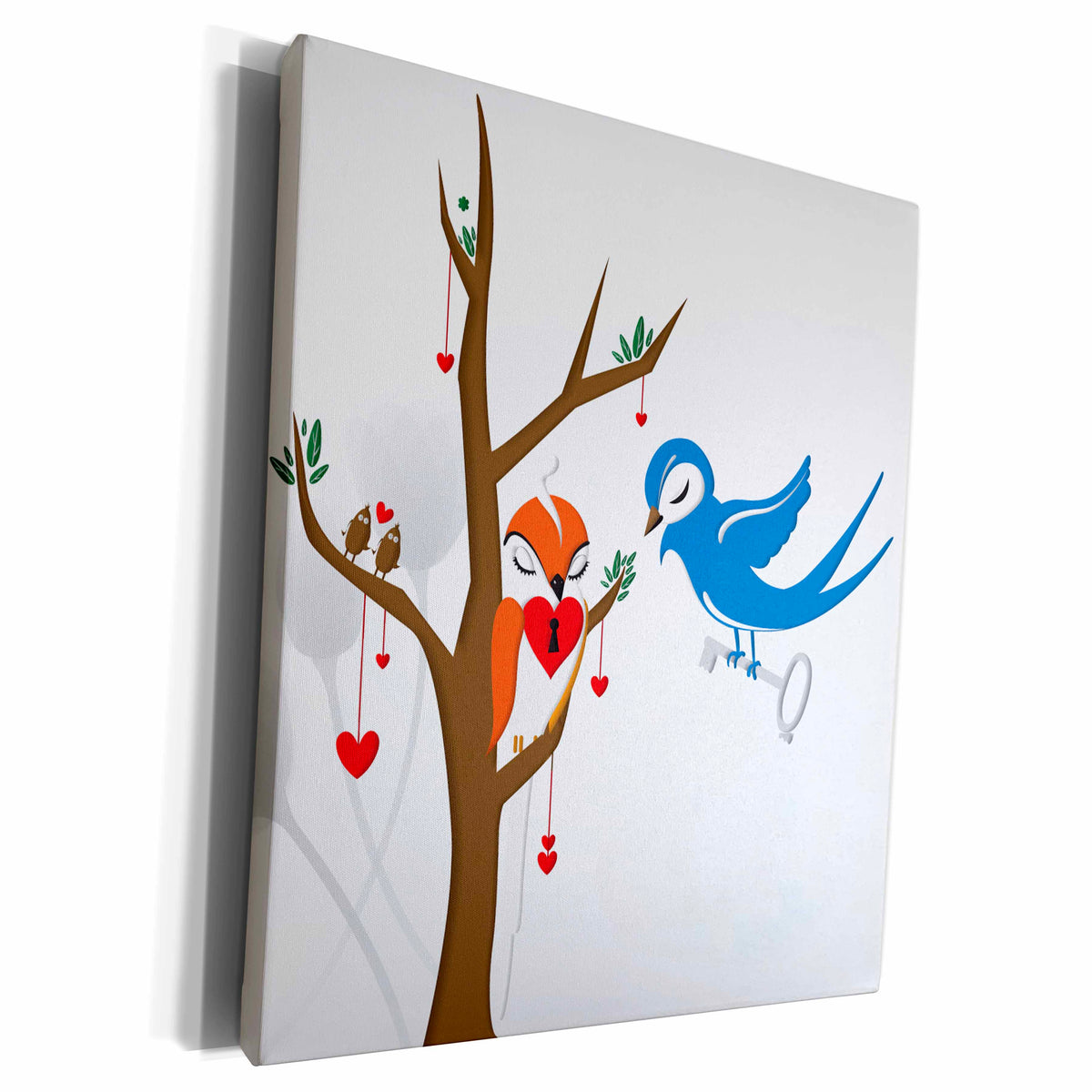 3dRose Two Cute Bird Illustrations On A Tree With A Heart... - Museum Grade Canvas Wrap (cw_152646)