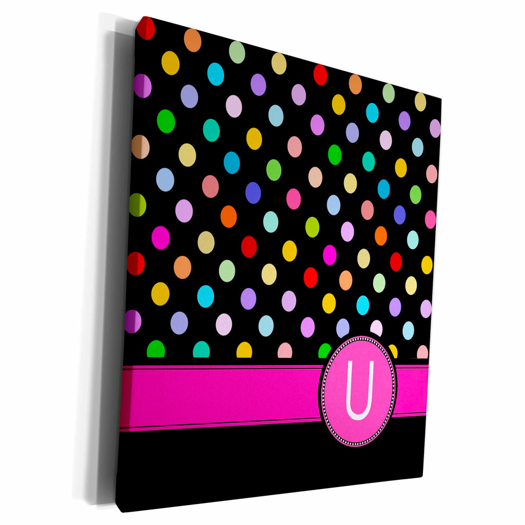 3dRose Letter U monogrammed on rainbow polka dots pattern... - Museum Grade Canvas Wrap (cw_154318)