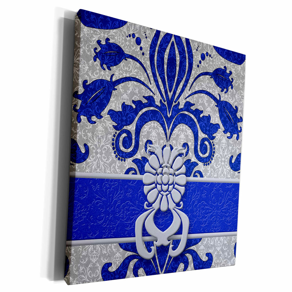3dRose Damask Royal Blue and Silver - Museum Grade Canvas Wrap (cw_15450)