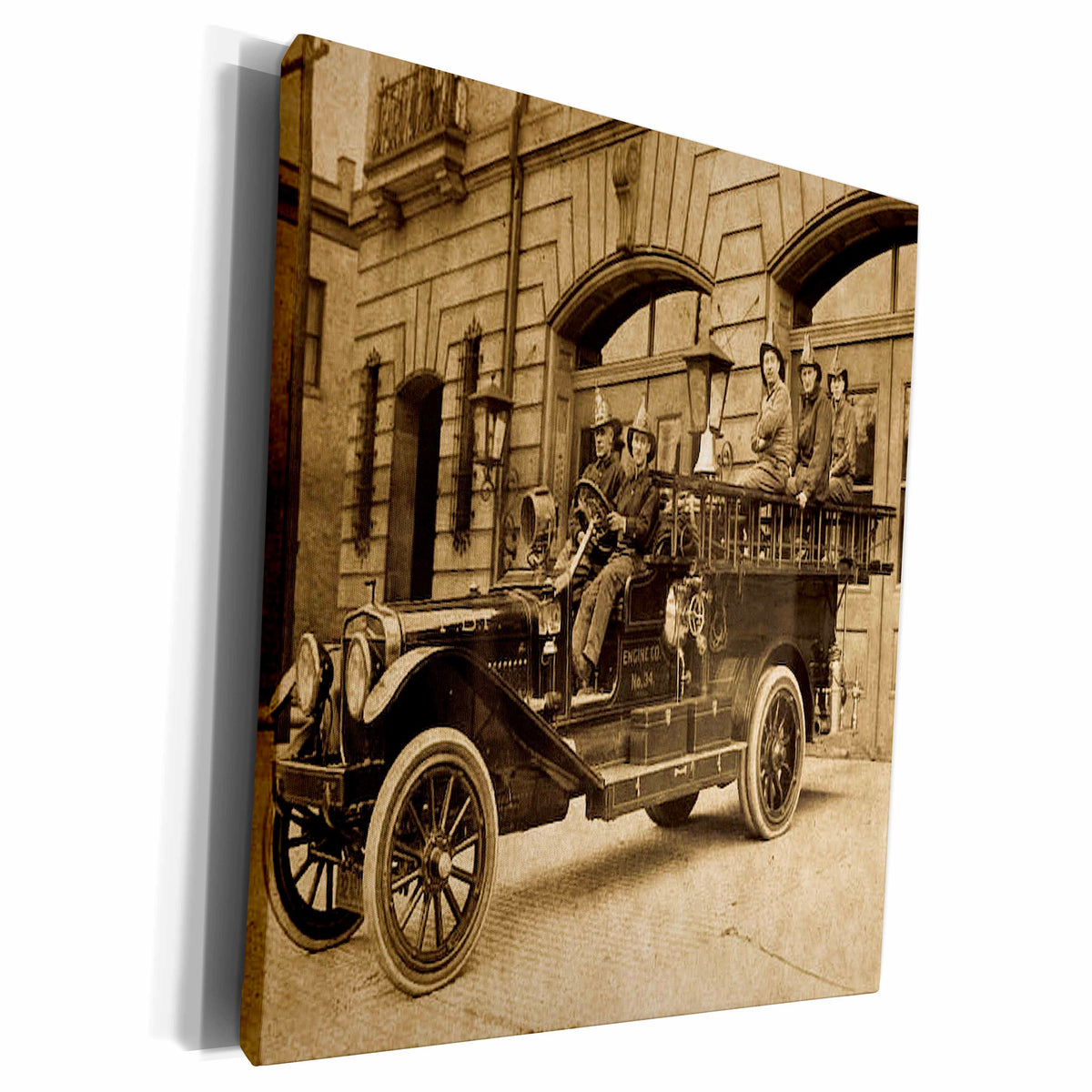 3dRose Vintage Fire Engine with Company Sepia - Museum Grade Canvas Wrap (cw_16229)
