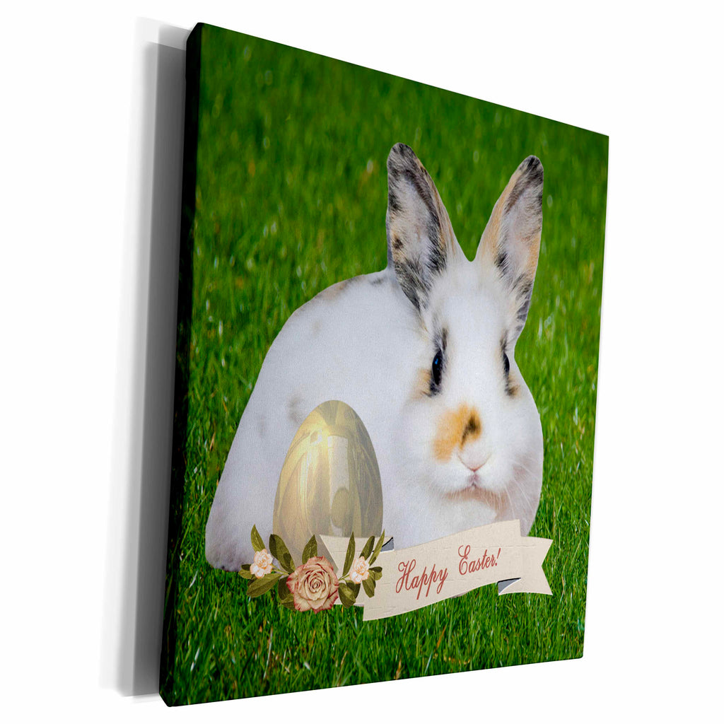 3dRose Calico Bunny Rabbit in the Grass with Easter Egg with... - Museum Grade Canvas Wrap (cw_174063)
