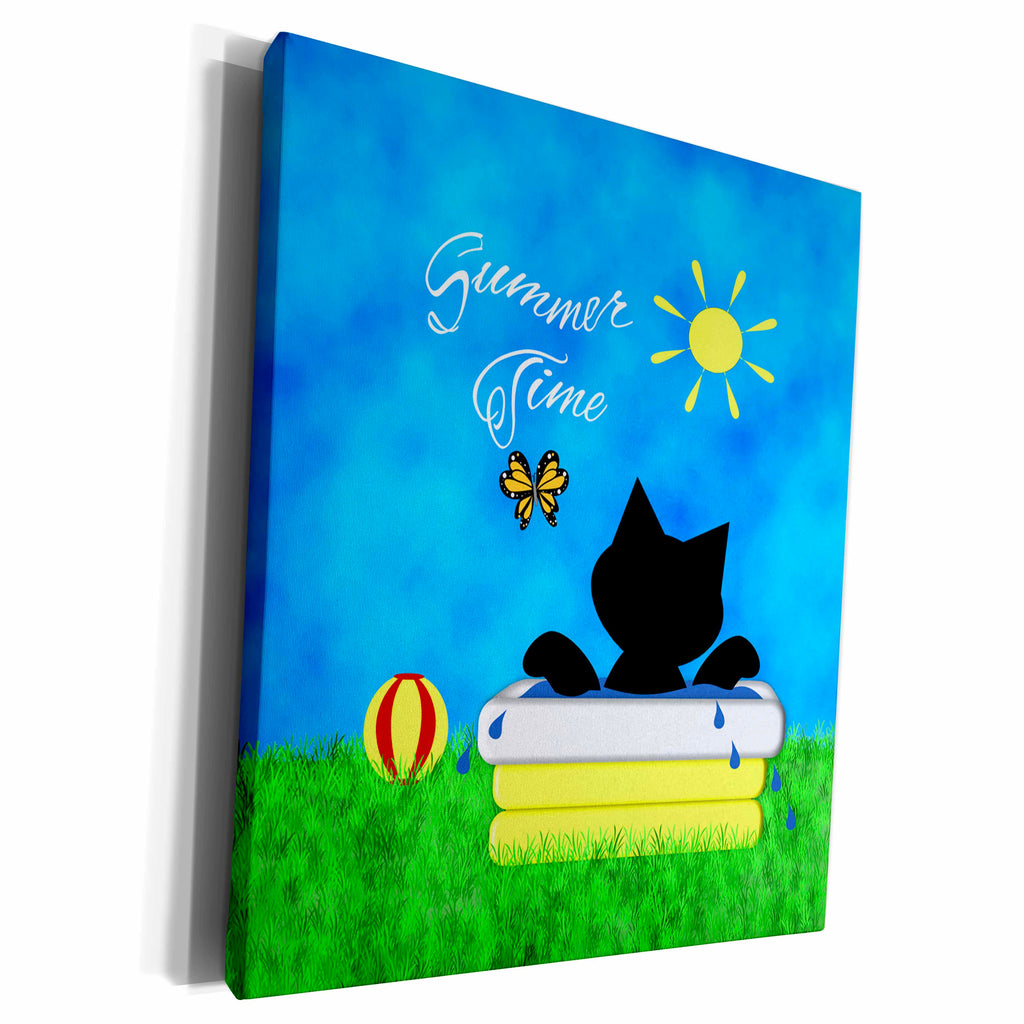 3dRose Cute Black Kitty Cat Summer Time Pool Fun - Museum Grade Canvas Wrap (cw_180750)