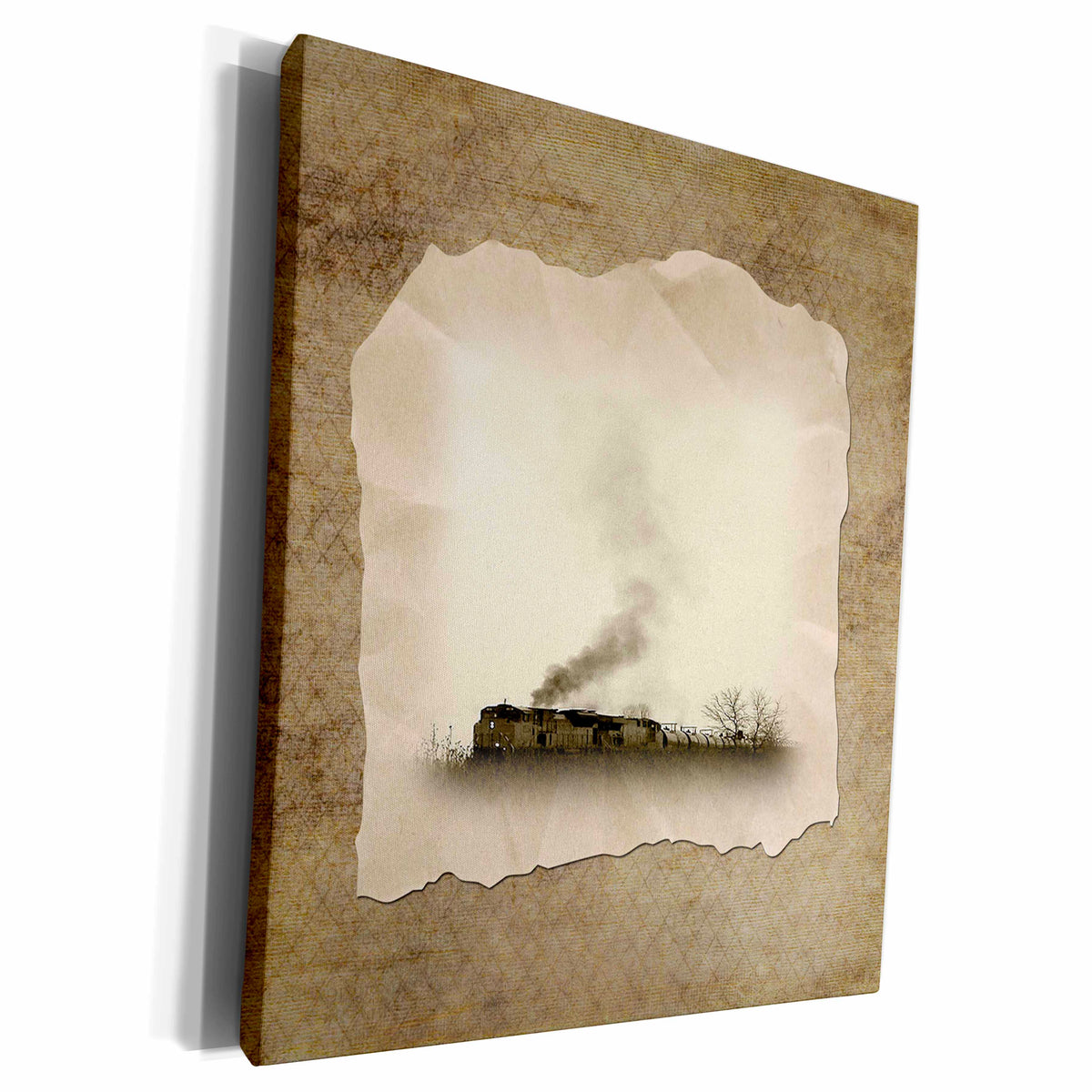 3dRose Smoking Train on Aged Paper Look, Sepia - Museum Grade Canvas Wrap (cw_180949)