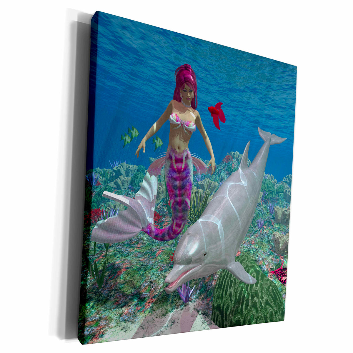 3dRose A mermaid swim with a dolphin in the ocean. - Museum Grade Canvas Wrap (cw_181776)