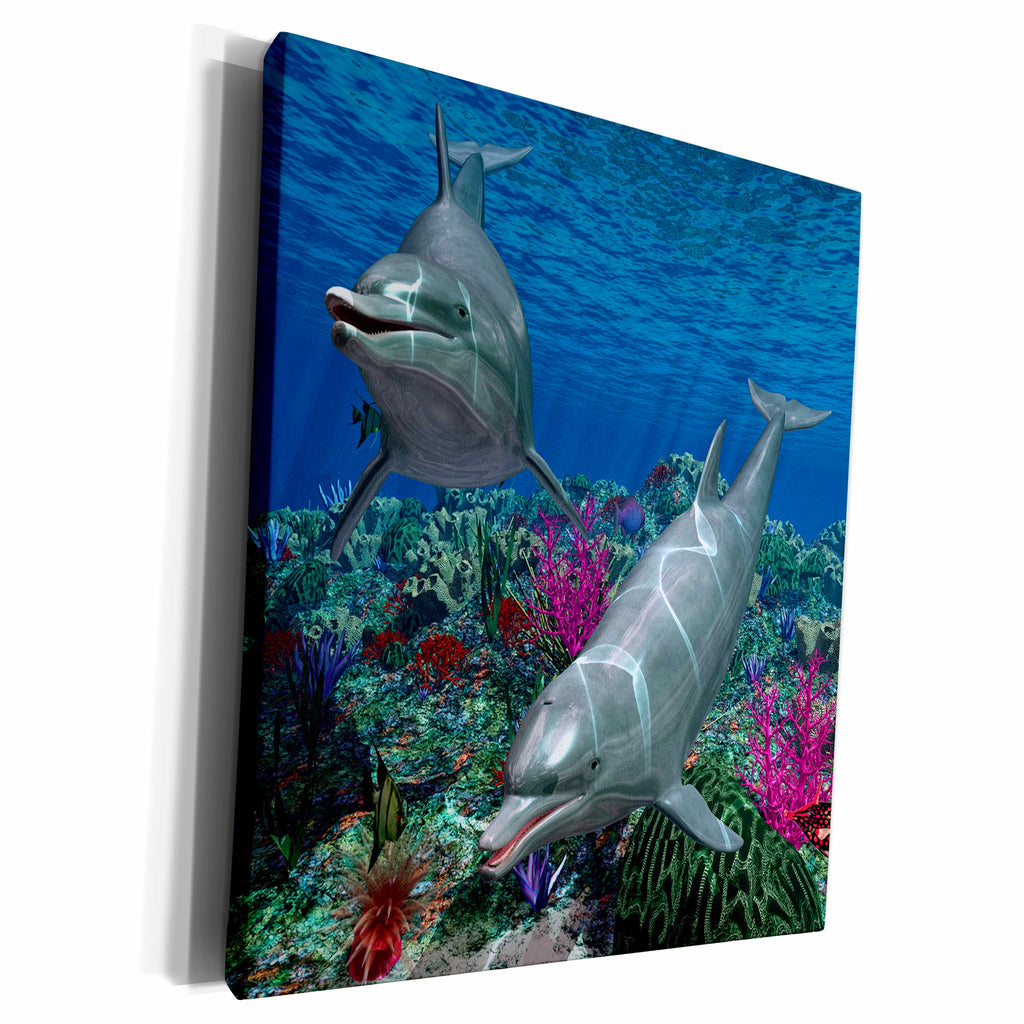 3dRose Two cute dolphins swim in the ocean. A undersea scene - Museum Grade Canvas Wrap (cw_181785)