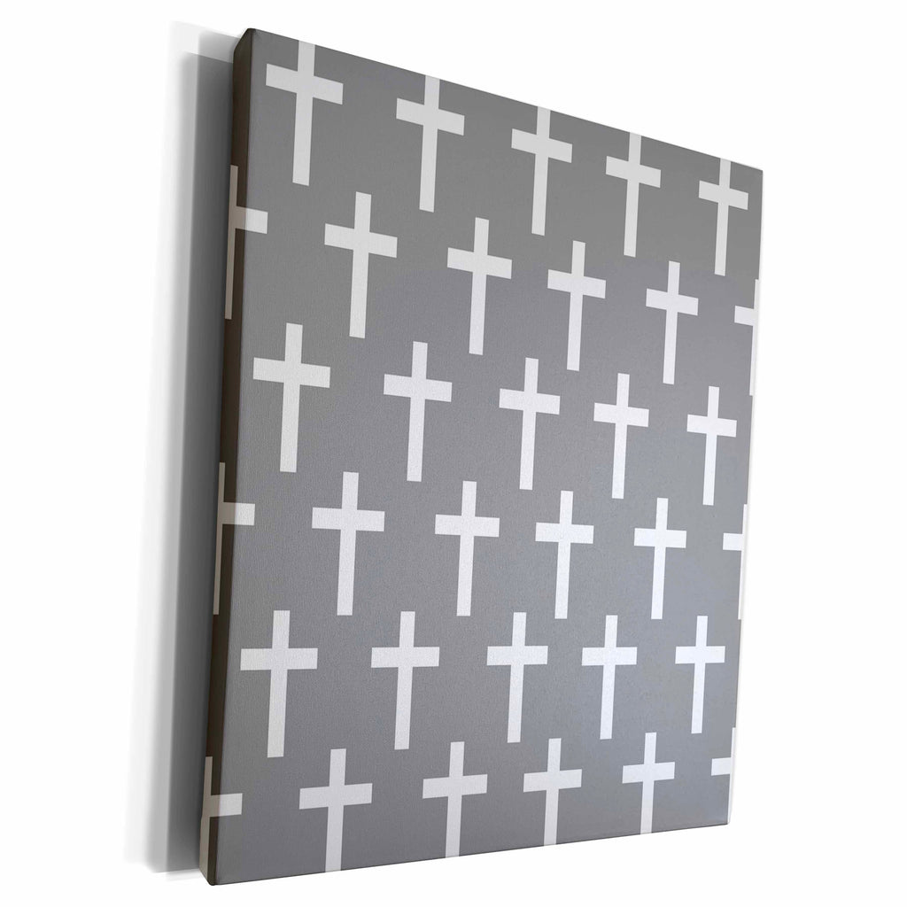 3dRose Charcoal Grey Christian Cross pattern white religious... - Museum Grade Canvas Wrap (cw_185491)