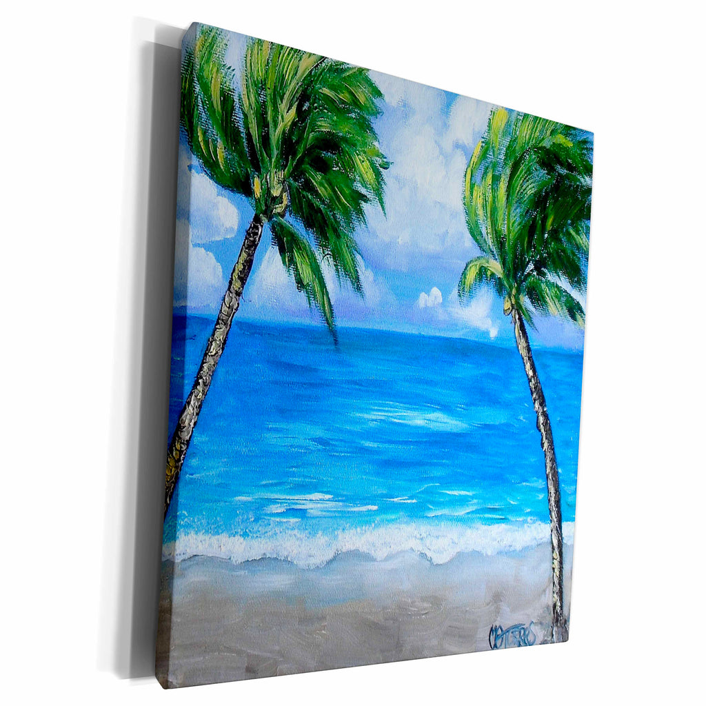 3dRose Two palms trees on a sandy beach - Museum Grade Canvas Wrap (cw_192457)