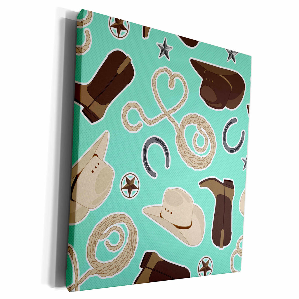 3dRose Cute Cowboy Theme Pattern Mint and Brown - Museum Grade Canvas Wrap (cw_192879)