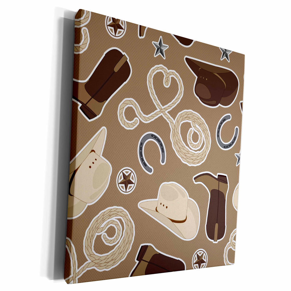 3dRose Cute Cowboy Theme Pattern Tan and Brown - Museum Grade Canvas Wrap (cw_192880)