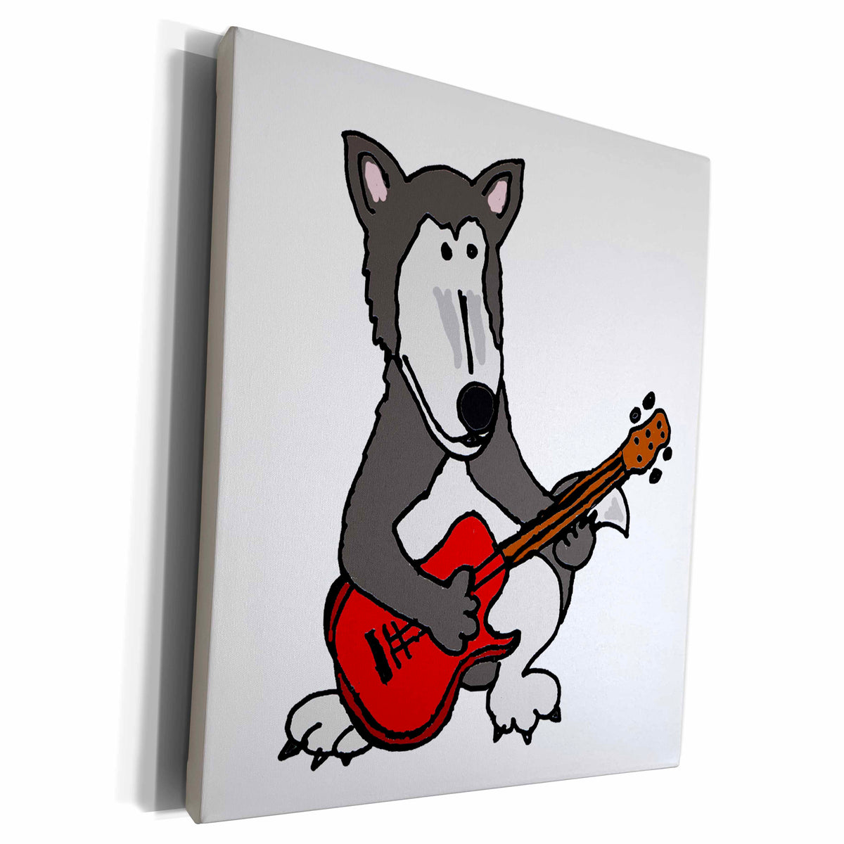 3dRose Cute Grey Wolf Playing Red Guitar - Museum Grade Canvas Wrap (cw_200174)