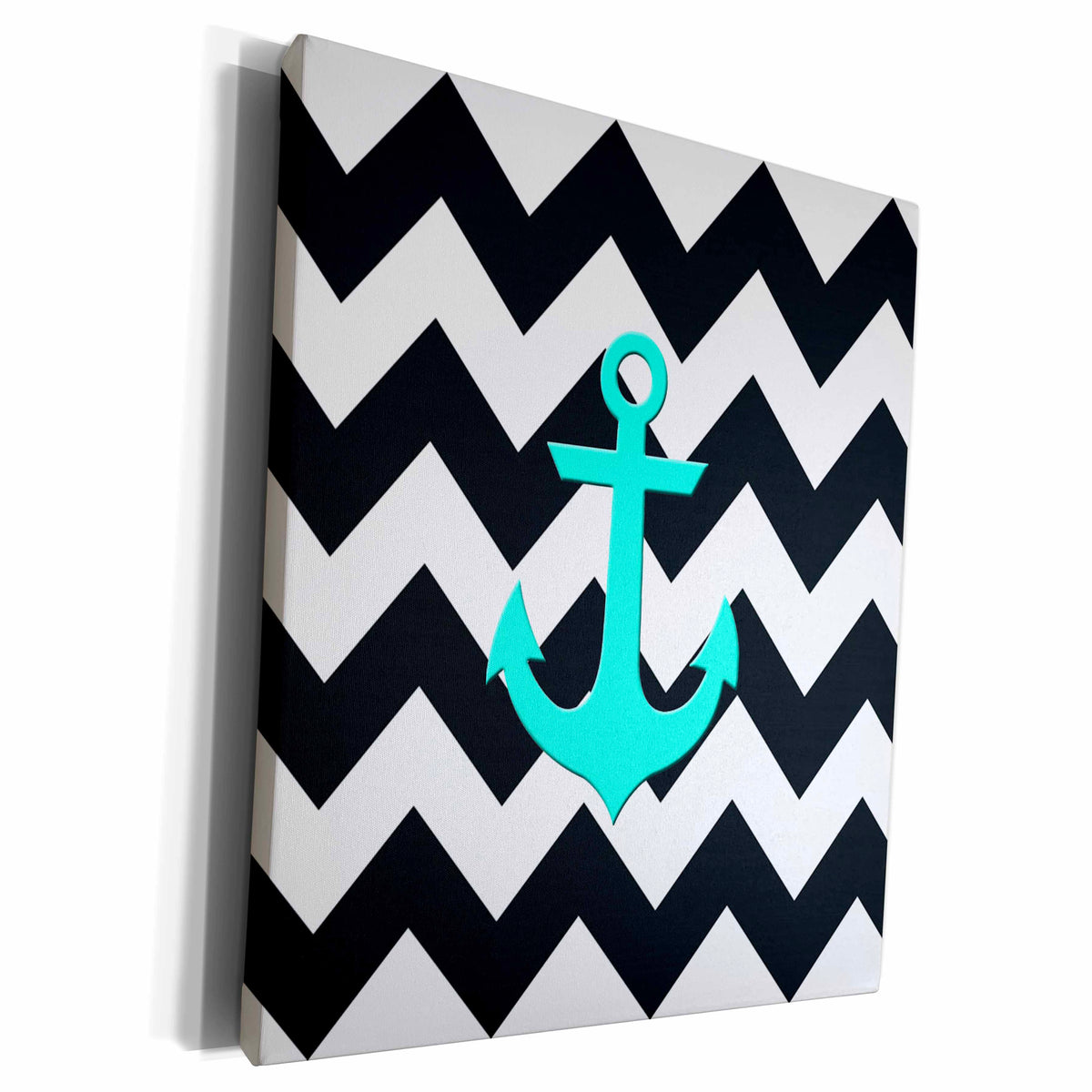3dRose Aqua blue anchor with black and white chevron pattern - Museum Grade Canvas Wrap (cw_201994)