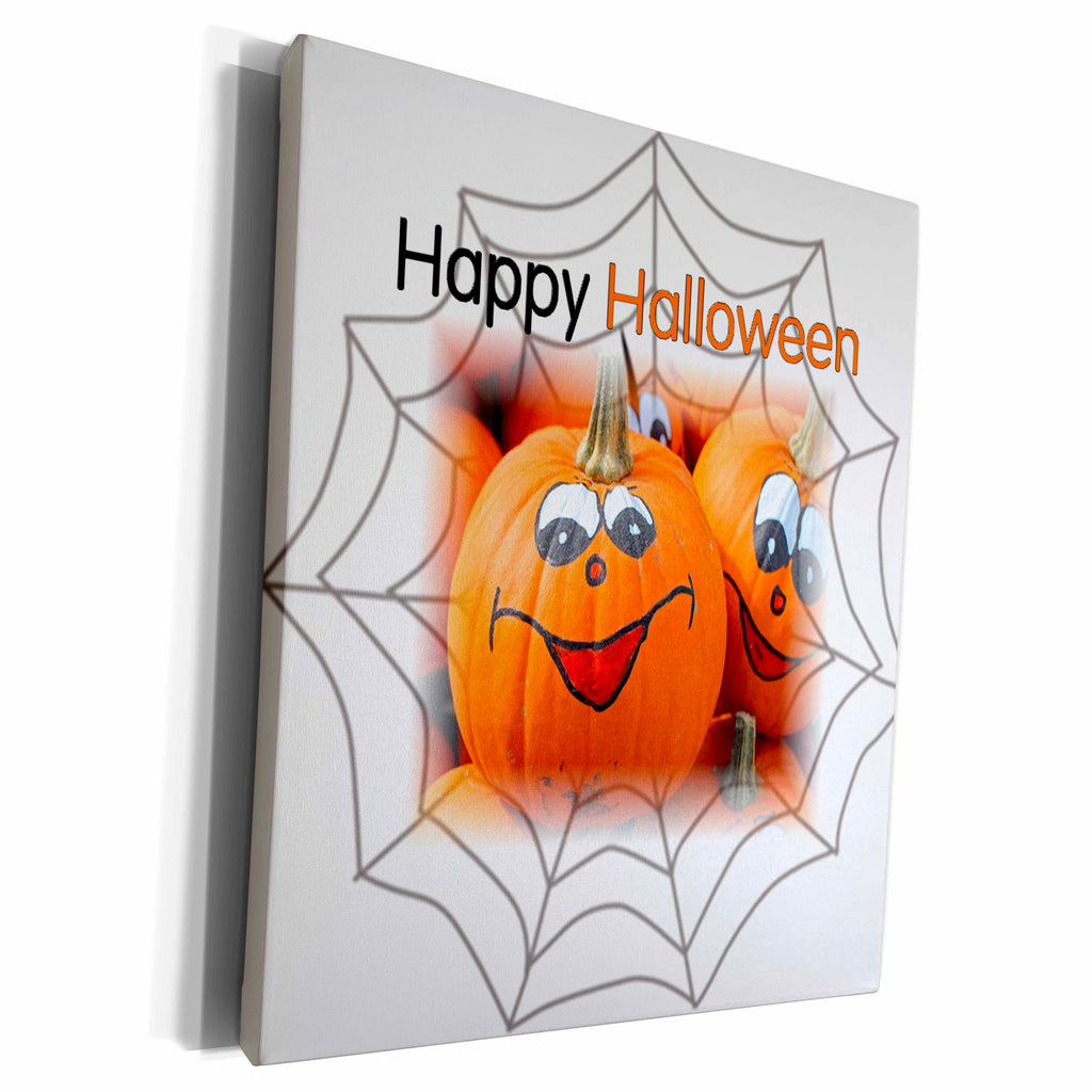 3dRose Print of Happy Halloween With Spider Web And Pumpkins - Museum Grade Canvas Wrap (cw_210564)