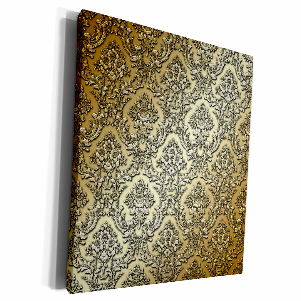 3dRose Gold Metal Effect Flower Damask Pattern - Museum Grade Canvas Wrap (cw_210772)
