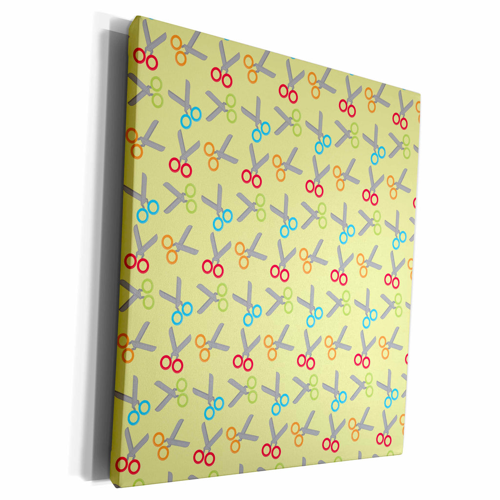 3dRose Cute Green, Pink, and Light Blue Scissors Pattern - Museum Grade Canvas Wrap (cw_210861)