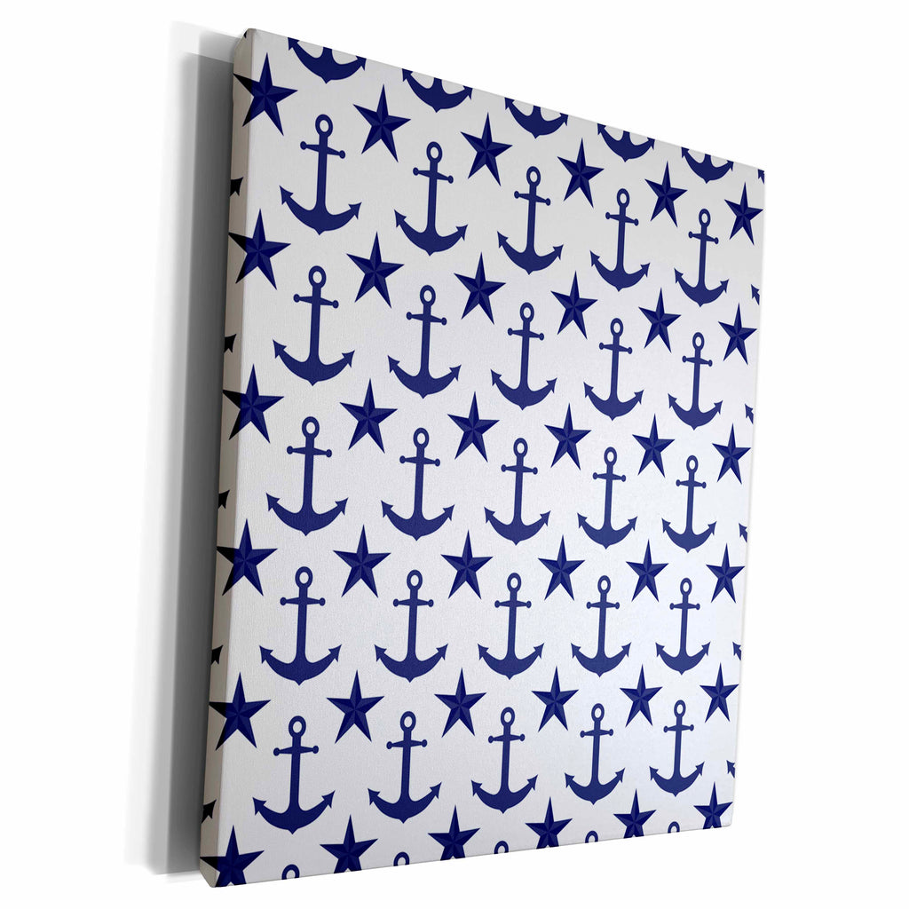 3dRose Navy Blue and White Anchor and Nautical Star Pattern - Museum Grade Canvas Wrap (cw_212479)