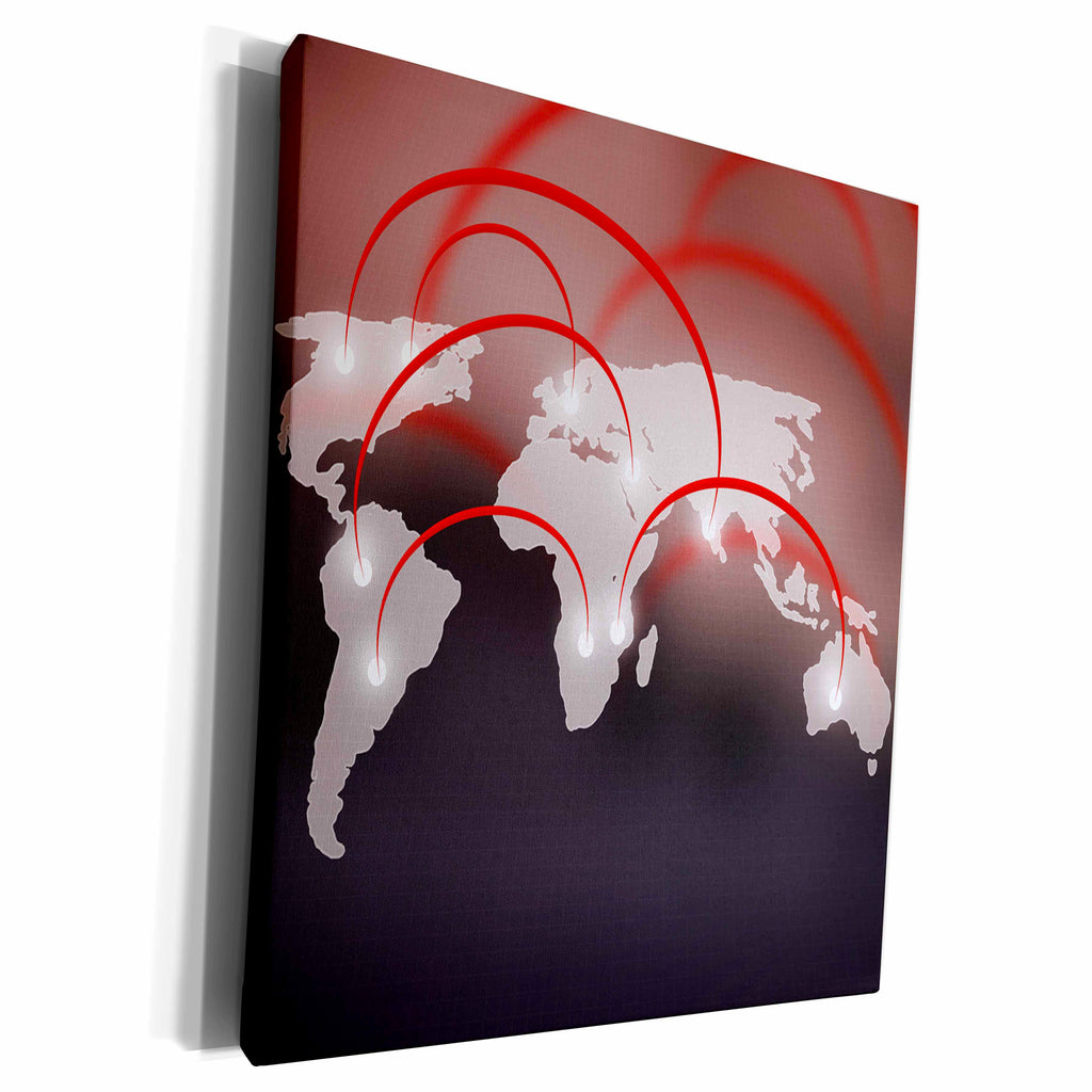 3dRose A Gray World Map With Red Arc Dot Points - Museum Grade Canvas Wrap (cw_213768)