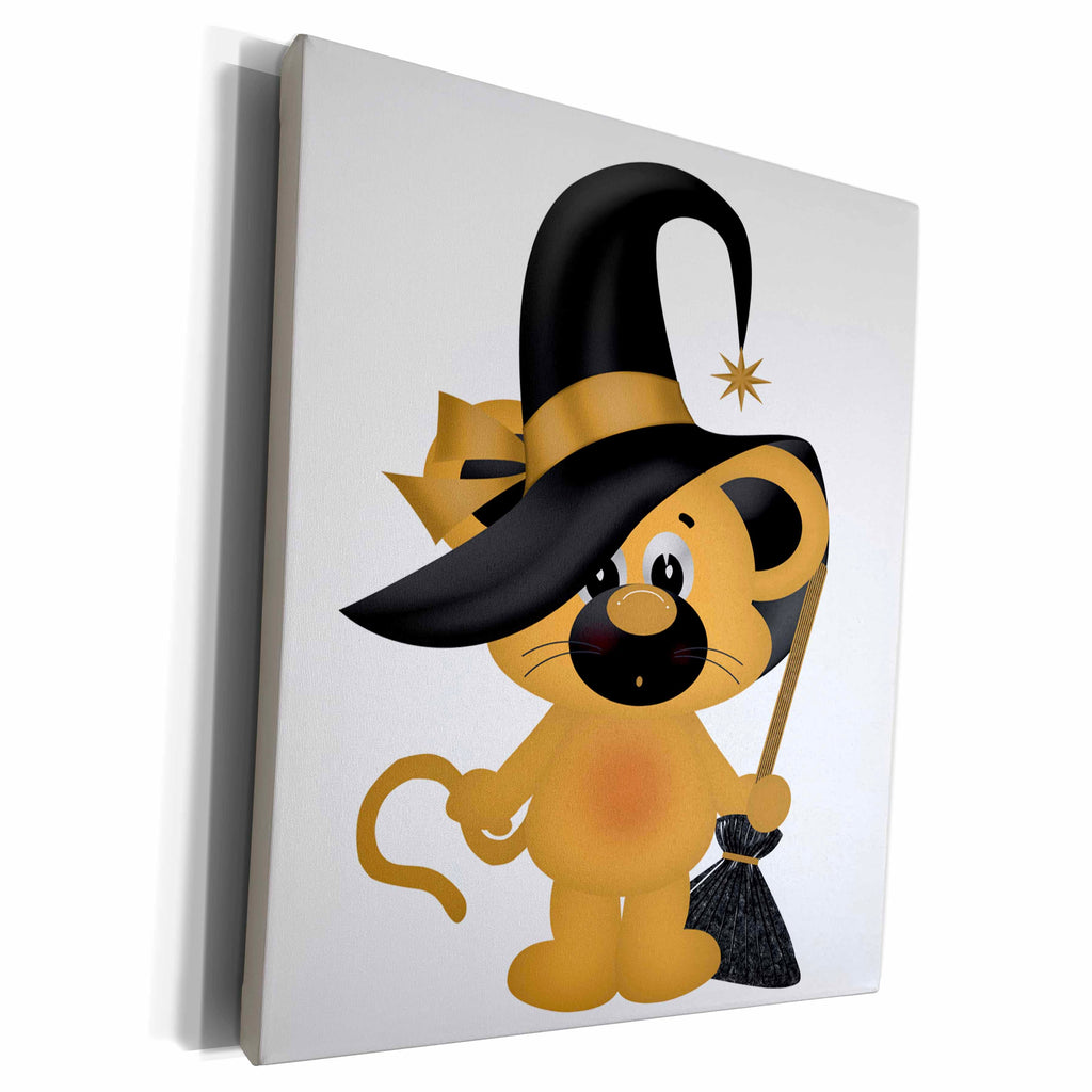 3dRose Cute Halloween Witch Mouse With A Broom Illustration - Museum Grade Canvas Wrap (cw_216991)