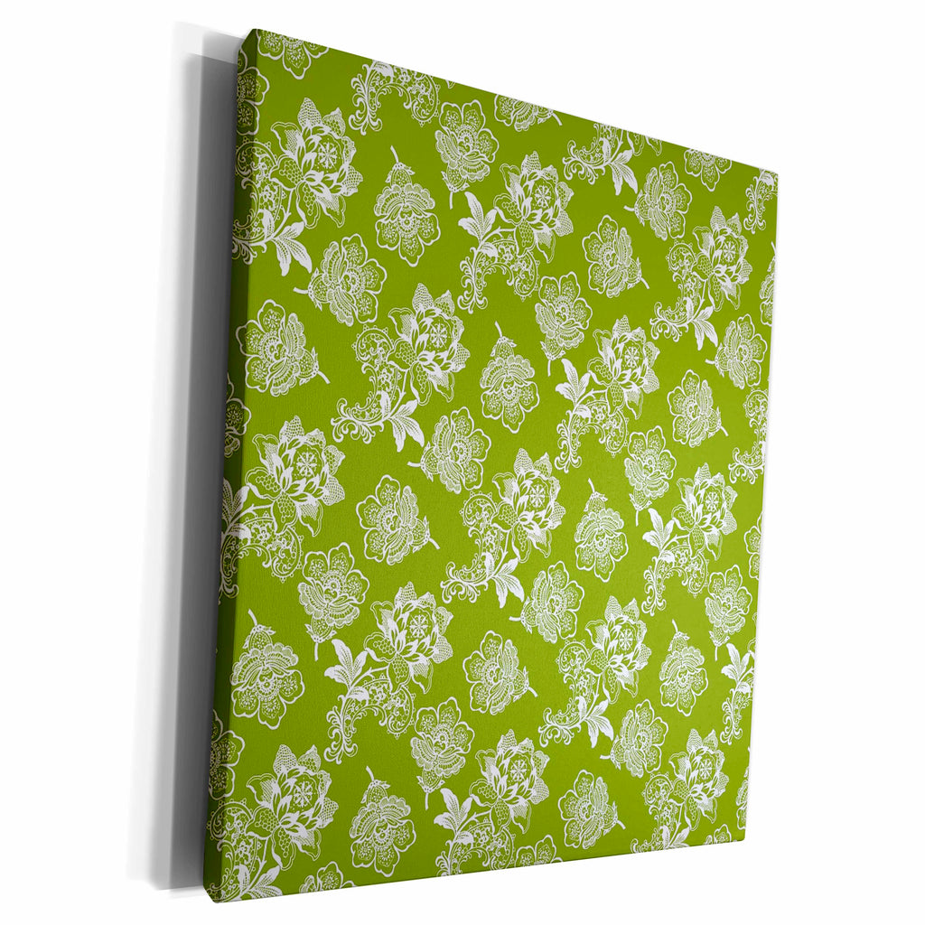 3dRose White Lacy Flower Pattern on Sage Green Background - Museum Grade Canvas Wrap (cw_220192)