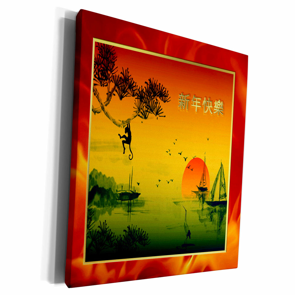 3dRose Asian Sunset, Monkey, Tree, Boats, Birds, Happy... - Museum Grade Canvas Wrap (cw_220543)