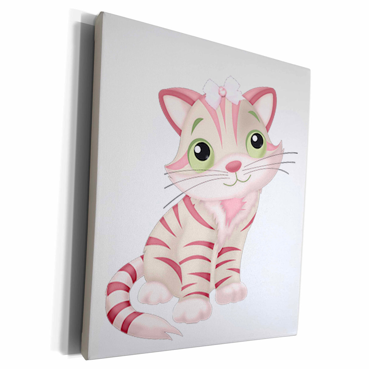 3dRose Cute Pink and White Cat Illustration With Green Eyes - Museum Grade Canvas Wrap (cw_222540)