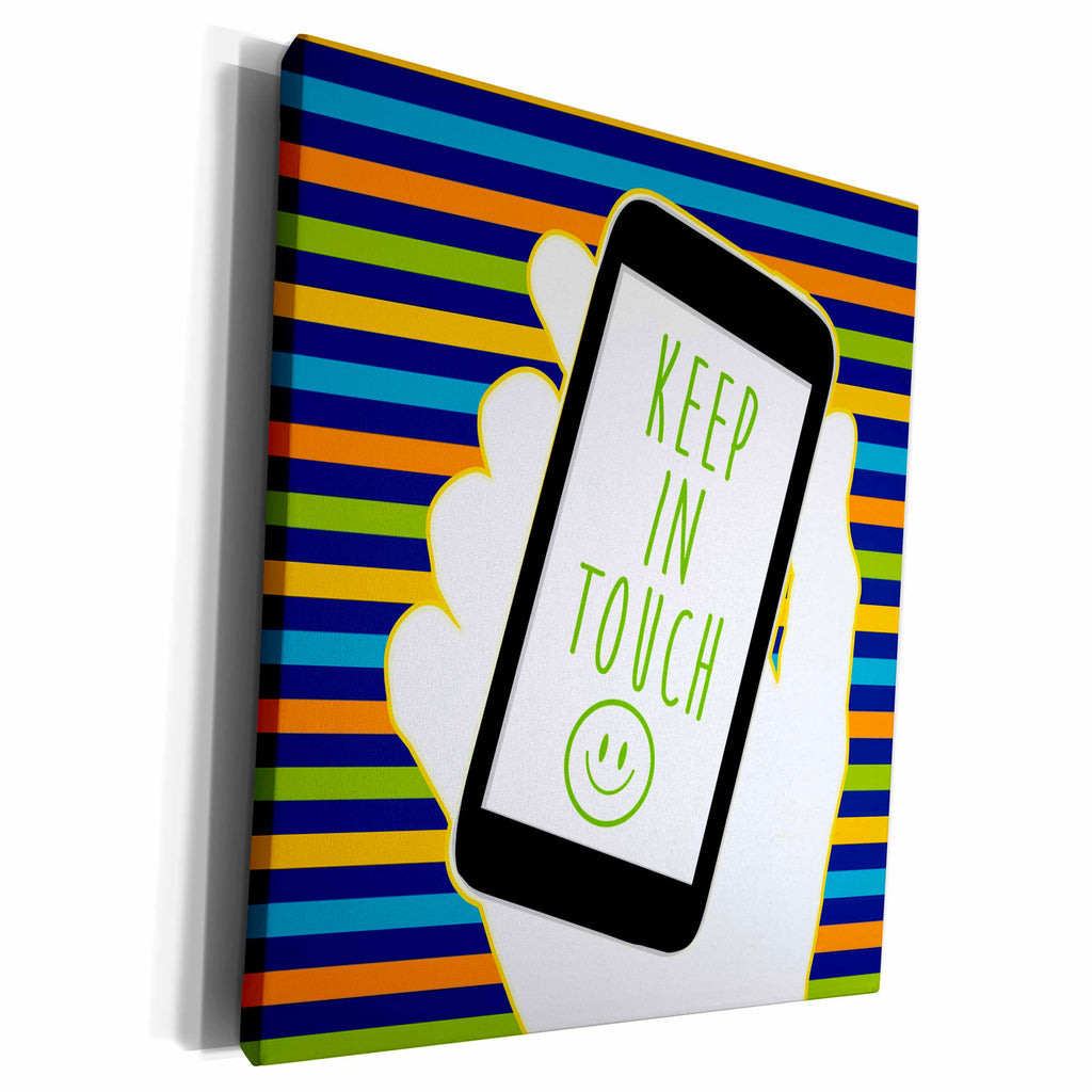 3dRose Keep In Touch- Hand Holding Phone Over Stripey... - Museum Grade Canvas Wrap (cw_223284)
