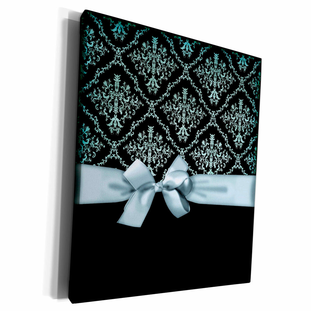 3dRose Ribbon and Bow on Damask Design, Black and Pastel Blue - Museum Grade Canvas Wrap (cw_223593)
