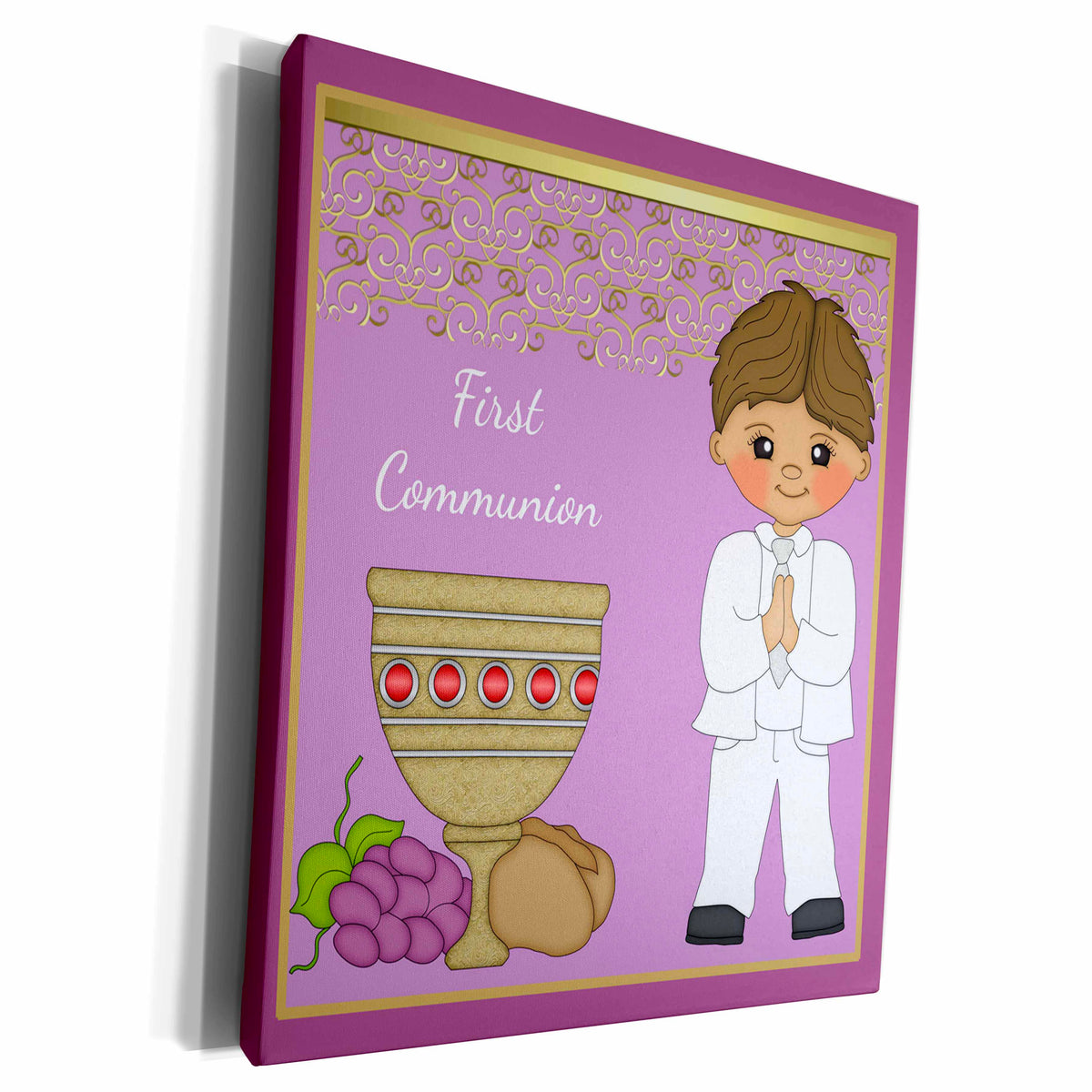 3dRose First Communion Boy With Bread and Wine Purple - Museum Grade Canvas Wrap (cw_224825)