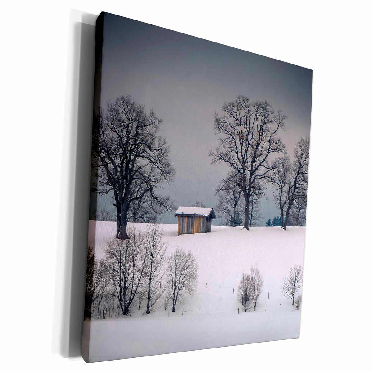 3dRose Winter scene, hill and trees, hut and foreboding sky - Museum Grade Canvas Wrap (cw_227367)