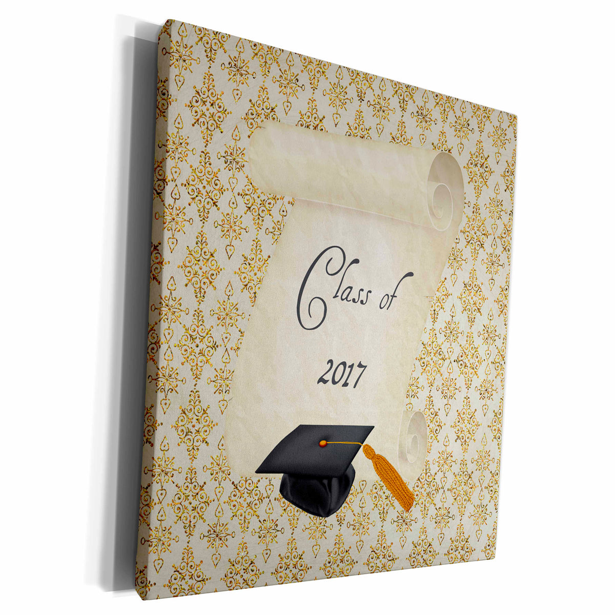 3dRose Graduation Cap on Scroll, Gold Damask Design, Class... - Museum Grade Canvas Wrap (cw_234595)