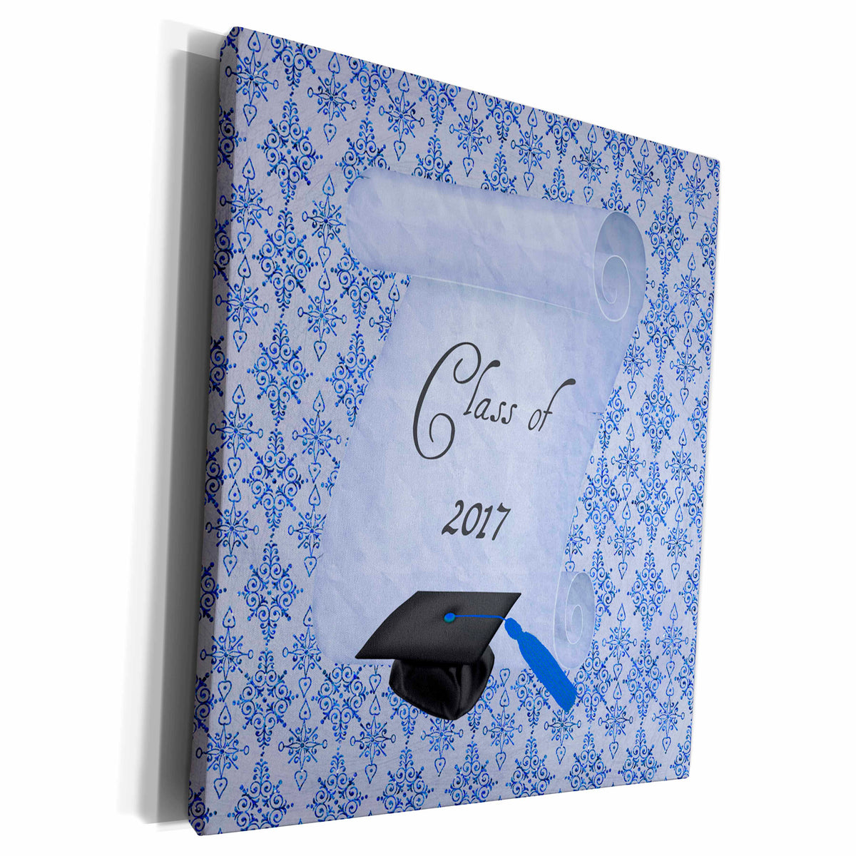 3dRose Graduation Cap on Scroll, Blue Damask Design, Class... - Museum Grade Canvas Wrap (cw_234596)