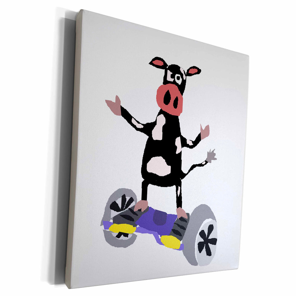 3dRose Fun Black and White Cow on Hoverboard Motorized... - Museum Grade Canvas Wrap (cw_234660)