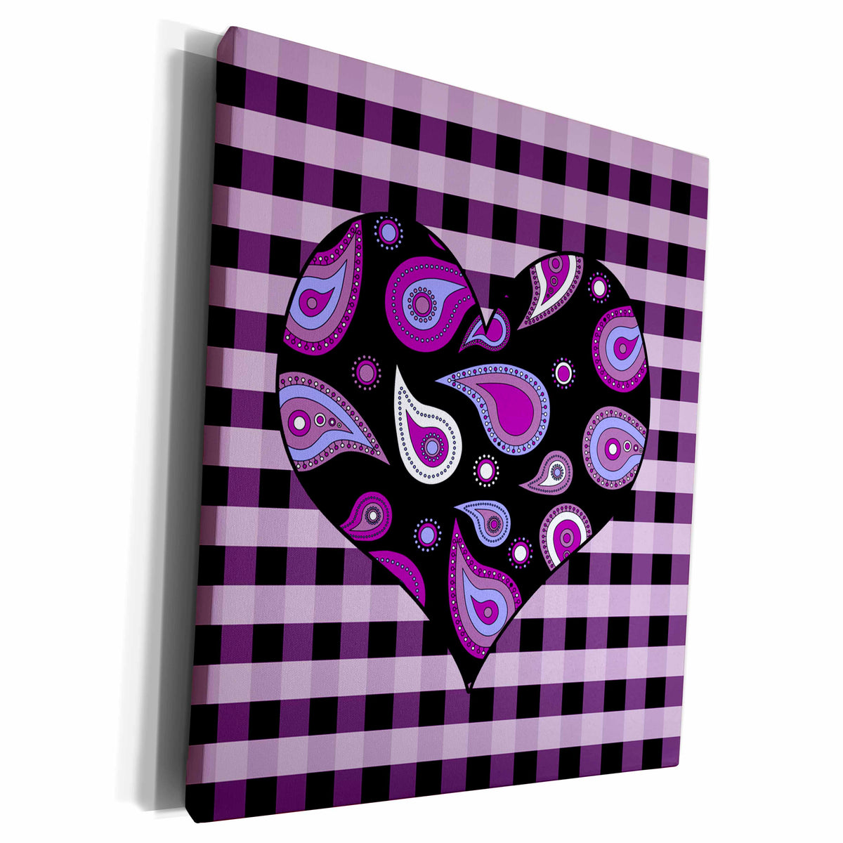 3dRose Purple Paisley Heart on Purple and White Check - Museum Grade Canvas Wrap (cw_25354)